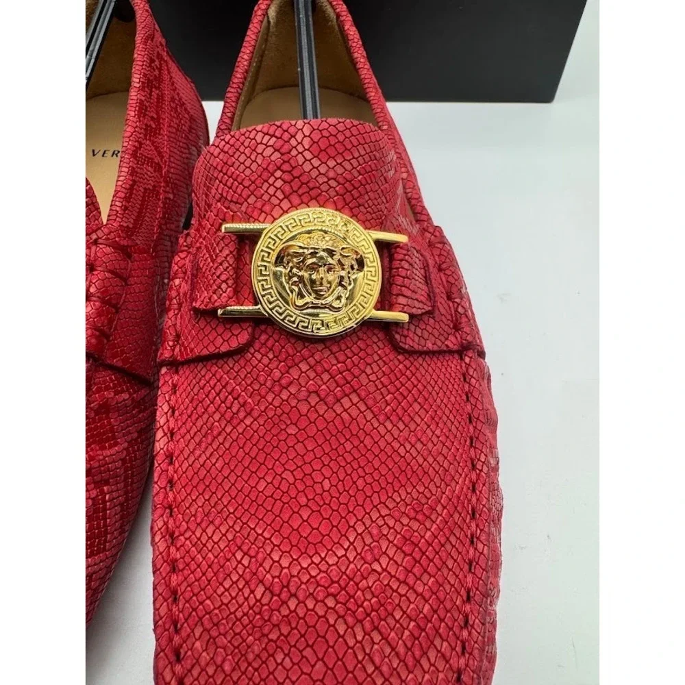 Versace Medusa Driver Loafers Red Python Print Nubuck Mens US 7.5 EU 39 NIB